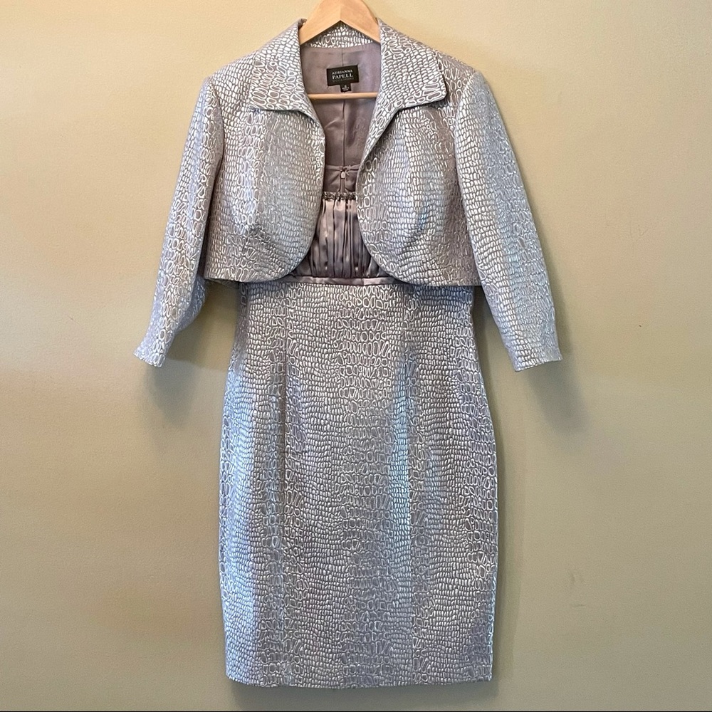Adrianna Papell Occasions Silver Taupe Jacket & Dress - Embossed Fabric Sequins